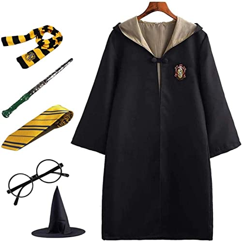 WooCaw Cosplay 6-teiliges Set Umhang Zauberstab Krawatte Schal Brille Hermine Granger Kostüm Schwarze Robe Schuluniform Karnevalskostüm Halloween Festival Kostüm,Gelb,115 Cover