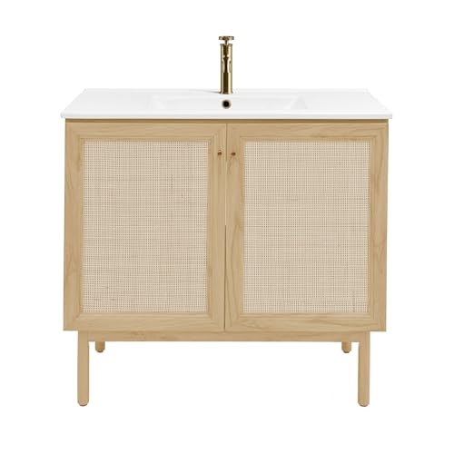 Image of Swiss Madison Classe 36 inch Freestanding Bathroom Vanity in Natural Oak with Sink Top