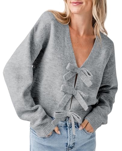 Image of Saodimallsu Womens Bow Sweater Cropped V Neck Long Sleeve Pullover Tops