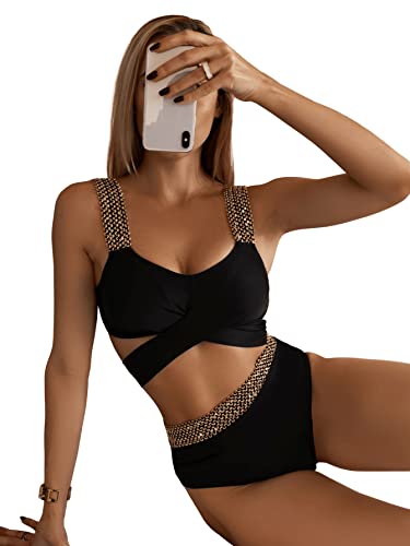 Sweatyrocks Women's High Waisted Bikini Set Bathing Suit Criss Cross Two Piece Tie Back Bikini Swimsuit Set Black L #TOP4