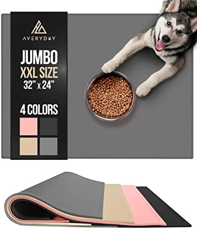 AVERYDAY 32x24'' Large Silicone Cat Dog Food Water Bowl Mat Fits Multi Pet Feeding Stations, 0.63" High Edge XL Waterproof Rubber Pet Food Bowl Mat/Tray for Floor & Dog Dish to Protect Wooden Floor