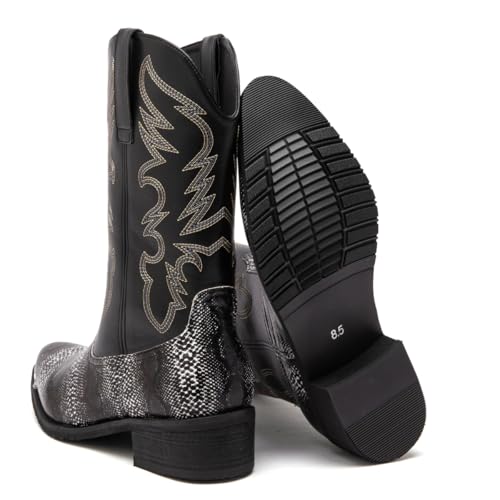 Image of Men's cowboy boots round toe boots embroidered with traditional Western country artificial snakeskin pattern