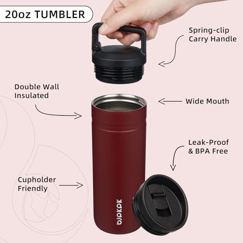 Image of BJPKPK 20 oz Insulated Travel Water Bottle, Coffee Tumbler Stainless Steel | Double Wall Vacuum, Leakproof, Thermal, Keeps Hot /Cold, Dishwasher Safe, Spill Proof, Wide Mouth, 2 Lids, Cinnabar Red