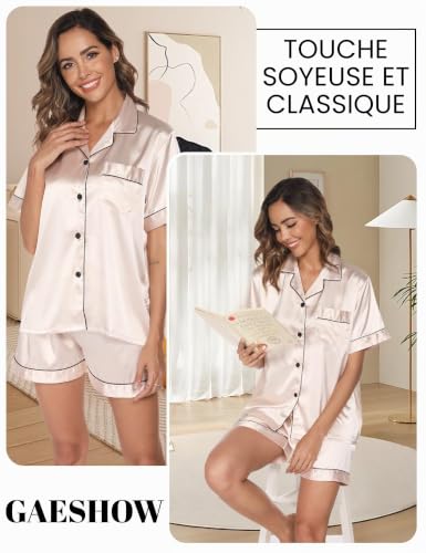 Gaeshow Ensemble de Pyjama Deux pièces en Satin de Soie pour Femme, avec Haut à Manches Courtes et Boutons – vue 4
