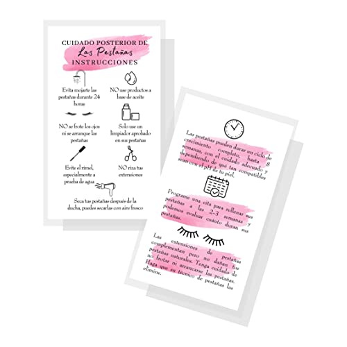 Spanish Lash Aftercare Instructions | 50Pk | Cuidado Posterior De La Extensión De Pestañas | 2 X 3.5” Inch Card | Eyelash Extension Supplies Beautiful Pink Watercolor, 2-3 Week Refills Fillers #TOP20