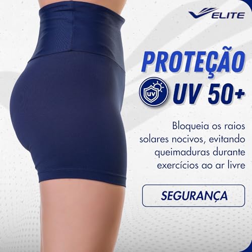 ELITE Short Academia Feminino Zero Transparência Cós Alto Anatômico Poliamida UV 50+, Marinho, P