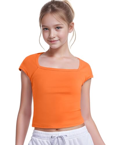 NUMYEAN Crop Tops for Girls Square Neck Short Sleeve Shirt Girls Summer Tops Slim Fit Tops Basic Tee Orange 11-12 Years