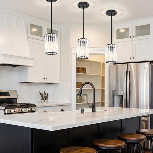 Esfos Black Pendant Light, Modern Crystal Pendant Lights Kitchen Island, Kitchen Island Lighting with Adjustable Height, UL Certified Island Lights for Kitchen Dining Room Bedroom Hallway 1 Pack, E26 - image 7