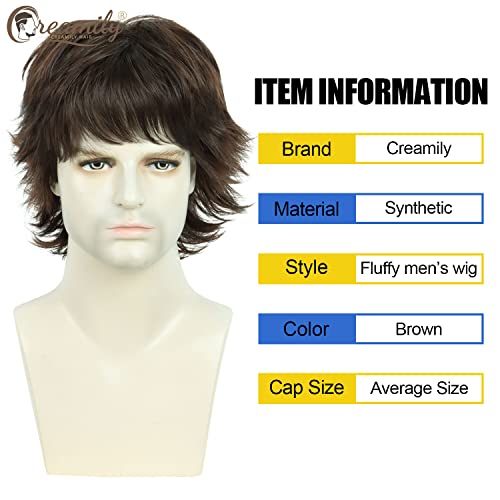 Image of Creamily Short Curly Hair Big Wig for Man,Brown Natural Cosplay for Men,Realistic Man Hair Wig,Layered Fluffy Wolf Cut Wigs (Brown, 10inches)