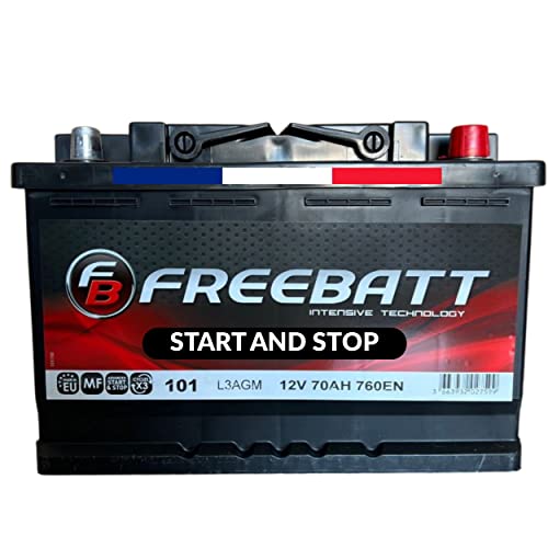 Batterie Voitures 12 V 70 Ah 760 Amps/Polarité à Droite/Batterie FREEBATT Haute Qualité Prémium/Fabriquer En Europe/Technologie AGM/Adaptée Aux Véhicules Doté D'un Système Start-Stop Cover