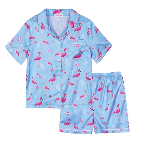 JESKIDS Girls Boys Satin Pajamas Sets Kids Silk Sleepwear Summer Nightwear 4-13 Years Blue Flamingo 12-13 Years