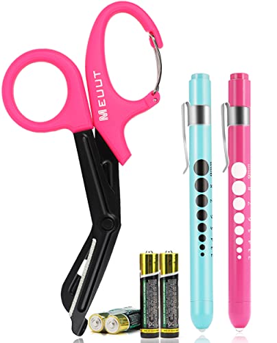 MEUUT 3 Pack Pen light & Medical Shears-Two LED Penlight with Pupil Gauge, One EMT Trauma Scissor with Carabiner-7.5" Bandage Scissor for Nurse Doctor EMT (Rose Red+Blue)