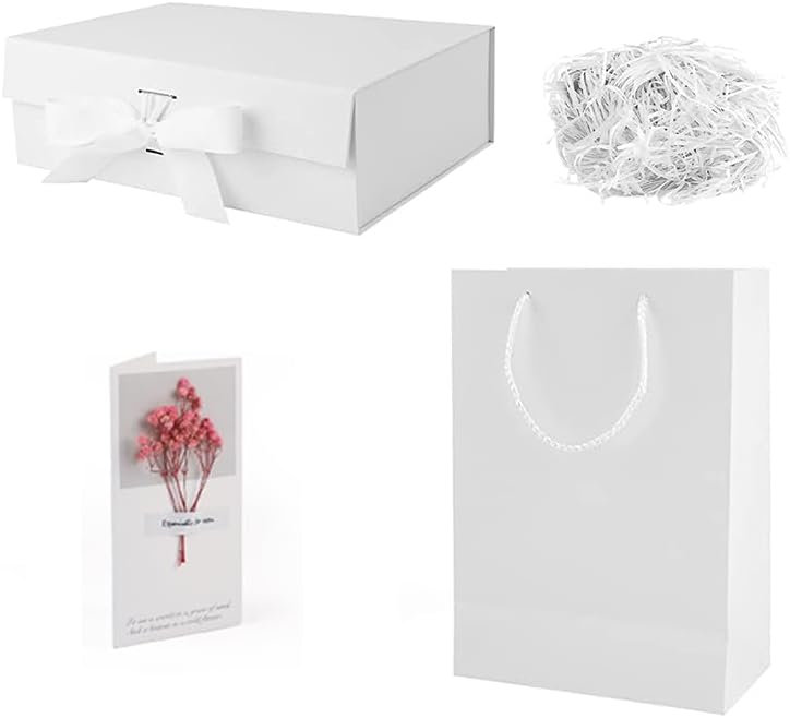 Black Gift Box for Gift Wrapping, 4in1 Magnetic Foldable Gift Boxes + Bags + Raffie Shregs + Greeting Card (34.5x28x11.5 CM, White)