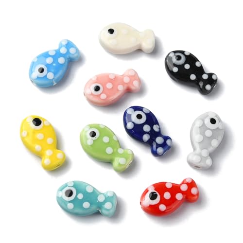 UR URLIFEHALL Lot de 40 pièces 20 styles Perles en porcelaine faites main Perles en céramique de poisson Perles colorées d'animal marin pour la fabrication...
