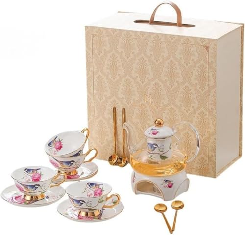 AOBOPO 鳥のさえずりと花 磁器ティーカップセット|北欧 × 田園 × 中華風 ホワイトテーブルウェア ソーサー + スプーン付き ブラックティー・コーヒー用 アンティークファッション ギフト