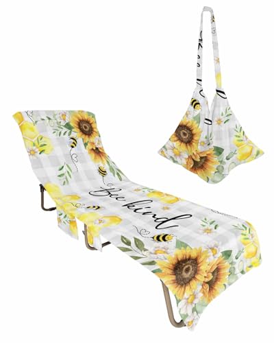 Sunflower Plaid Beach Lounge Chair Towel Cover, Soft Chaise Lounge Towel with Side Pockets Patio Pool Chairs Cover for Beach/Pool Sunbathing 29x85 Summer Bee Buffalo Floral Spring Botanical