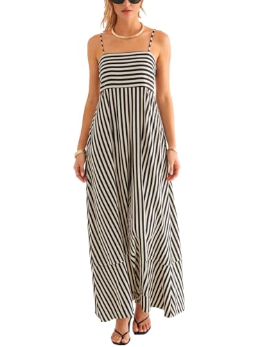 CUPSHE Womens Summer Maxi Dress Casual Sleeveless Square Neck Striped Beach Long Dress with Pockets