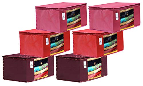 Image of Kuber Industries 6 Piece Non Woven Fabric Saree Cover Set with Transparent Window, Extra Large, Maroon,Pink,Red-CTKTC031957