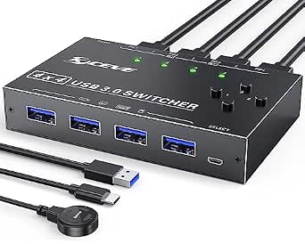 USB Switch 4 Puertos, 5Gbps USB3.0 Switch 4 Computadoras que Comparten 4 Dispositivos,Conmutador USB para Escáner de Impresora de Teclado y Ratón,con Control Remoto Cableado y 4 Cables