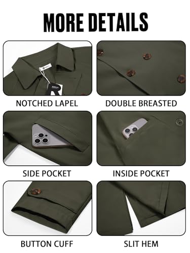 Image of Runcati Mens Trench Coat Double Breasted Notched Lapel Casual Belted Windbreaker Fall Classic Long Jacket Overcoat