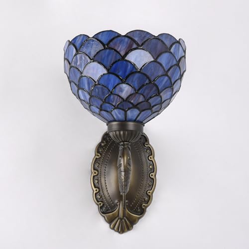 Image of Blue Purple Fish Scales Tiffany Wall Sconce 8 inch Stained Glass Wall Light with E26 Base Vintage Art Deco Wall Lamp for Bedroom Hallway Living Room Home Office (Blue Purple Fish Scales)