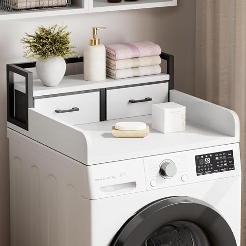 Garvee 2-Tier Washer Dryer Countertop with Shelf and 2 Drawers, Washing Machine Topper with High Guardrails and Smooth Edges for Laundry Hamper Storage Organization, White