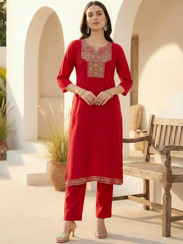 Image of INDO ERA Women's Silk Blend Embroidered Zari Work Straight Kurta & Pant Set | Cord Set For Women