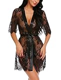 Avidlove lace robe Women Kimono Robe Floral Lace Babydoll Lingerie Sheer Mesh Nightgown Black XL