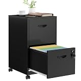 SteeLoong 2 Drawer File Cabinet with Lock,Black Rolling File Cabinet for Home Office, Metal Small Mobile Filing Cabinets on Wheels for Hanging Letter