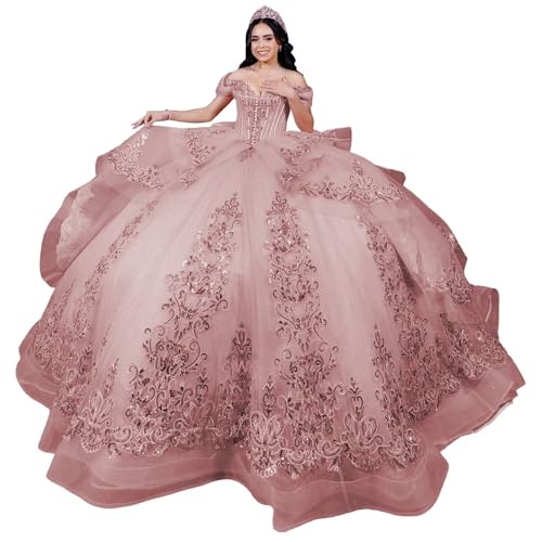 Mauuwy Sparkly Dusty Rose Lace Pearly Quinceanera Dresses 22Plus Size