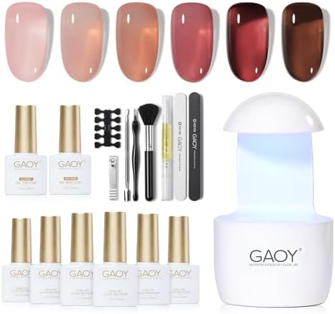 GAOY Gel Nail Polish Kit with UV Light for Beginners, 6 Colors Sheer Nude Red Pink Brown, Gel Polish Kit with Top and Base Coat for Salon and Nail Art DIY at Home, Rose Garden