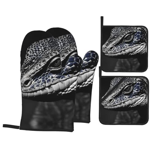 4 Piece Oven Mitts and Pot Holders Set Heat Resistant Oven Gloves and Potholders BBQ Gloves Hot Pads Monitor Lizard Cooking Gloves for Kitchen Baking Grilling
