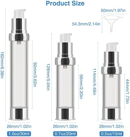 Hivexagon 6PCS Pump Dispenser, Vacuum Pump Bottle with Funnel for Travel and Daily Use, Refillable, Leak-Proof, and Transparent, Perfect for Cosmetic Make-up Cream Lotion 0.5/0.7/1.0oz (Silver)