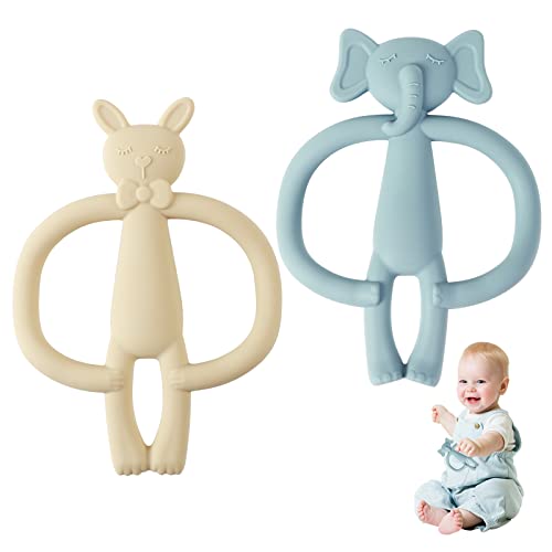 Clundoo Baby Teether Toy, 2 Pack Antimicrobial Silicone Teether, Hand Teether Easy to Grip, Elephant and Rabbit Teether Toy for Babies 3-24 Months