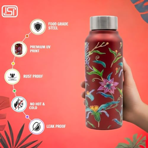 Image of VOIK Printed Stainless Steel Water Bottles for Kids, Office, Sports & Travel (750 ML) (Floral-Screw)