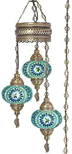 Demmex Turkish Moroccan Mosaic Swag Plug In Chandelier Ceiling Hanging Lamp Pendant Light Fixture Lighting, 15Ft Cord Cable Chain & 3 Big Globes (Turquoise-Blue-Green) #TOP1