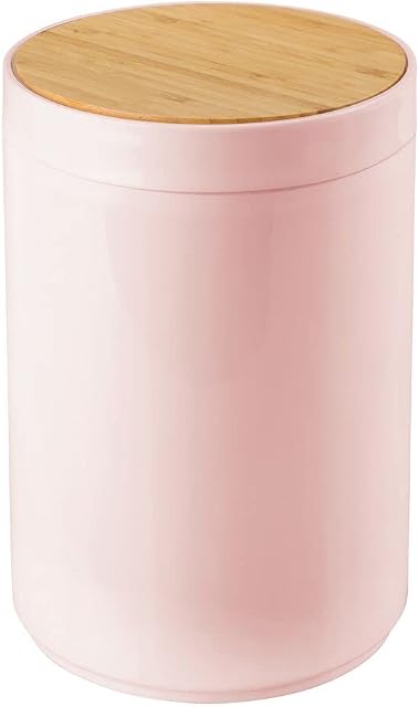 mDesign Swing Lid Bathroom Bin  Bamboo and Plastic Rubbish Bin for Bathroom or Bedroom  Small Waste Bin with Swing Lid  Pink/Bamboo