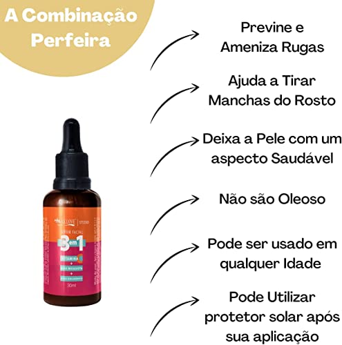 Kit 2 Unidades - Serum Facial 3 em 1 Vitamina + C Rosa Mosqueta + Ácido Hialurônico - Pele Hidratada