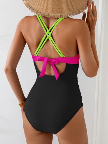 Image of Aidonger Women's One Piece Color Block Swimsuit Tummy Control Slimming Bathing Suit V Neck Cutout High Waisted Swimwear