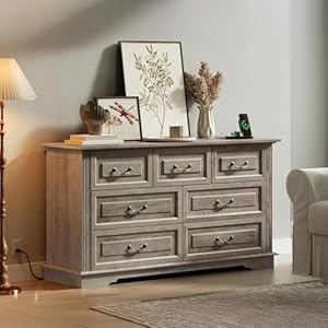 7 drawer dresser for bedroom wooden vintage chest of drawers 54 long drawer dresser with charging station farmhouse storage dresser for bedroom living room hallway greige  urban country home decor