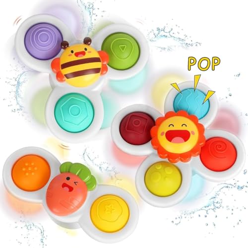 ERMON Pack of 3 Spinners for Babies Baby Spinner Toys with Suction Cup Silicone Simple Dimple Colourful Suction Spinner Toys Spinning Tops (Pop)