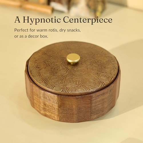 Image of Brick Brown Anant Wooden Roti Box with Lid | Solid Wood Chapati Box for Kitchen & Dining | Designer Roti Casserole & Roti Hot Pot Case | Faceted Roti Dabba Server | Storage Container (8x8x4 Inch)