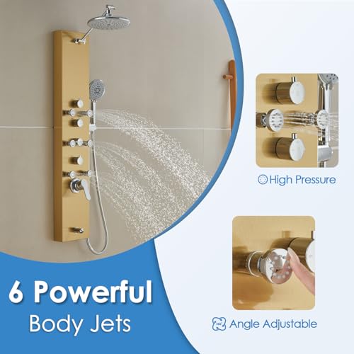 ROVOGO Gold Shower Panel Tower System, 4-Function (Rain Shower, Handheld Sprayer, Body Jets, Tub Spout) with Simultaneous Use Option, Stainless Steel Shower Column with Adjustable Head, 43.3\" - Thumbnail 5