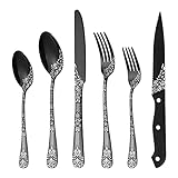 PHILIPALA 24-piece Black Silverware Set with Steak Knives for 4, Stainless Steel Flatware Cutlery Set, Knives and Forks and Spoons Sets,Unique Pattern Design,Mirror Polish and Dishwasher Safe