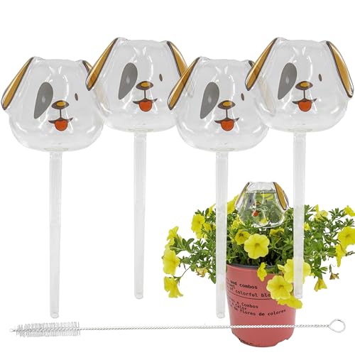 Aqua Glass Plant Watering Globes Automatic Self Watering Plant Insert Spike Orbs - Indoor Outdoor Plant Drip Irrigation - For Flowers, Herbs, Houseplants (Puppy Dog Globes, 4, Units)