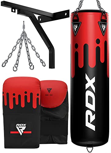 RDX Sacco da Boxe Pieno Adulti 4FT 5FT, 4PC Maya Hide Pelle Anti Oscillazione Pesante Bag Set con Guantoni Supporto Muro, Arti Marziali Pugilato Kick Boxing Muay Thai Palestra Punch Sacchi