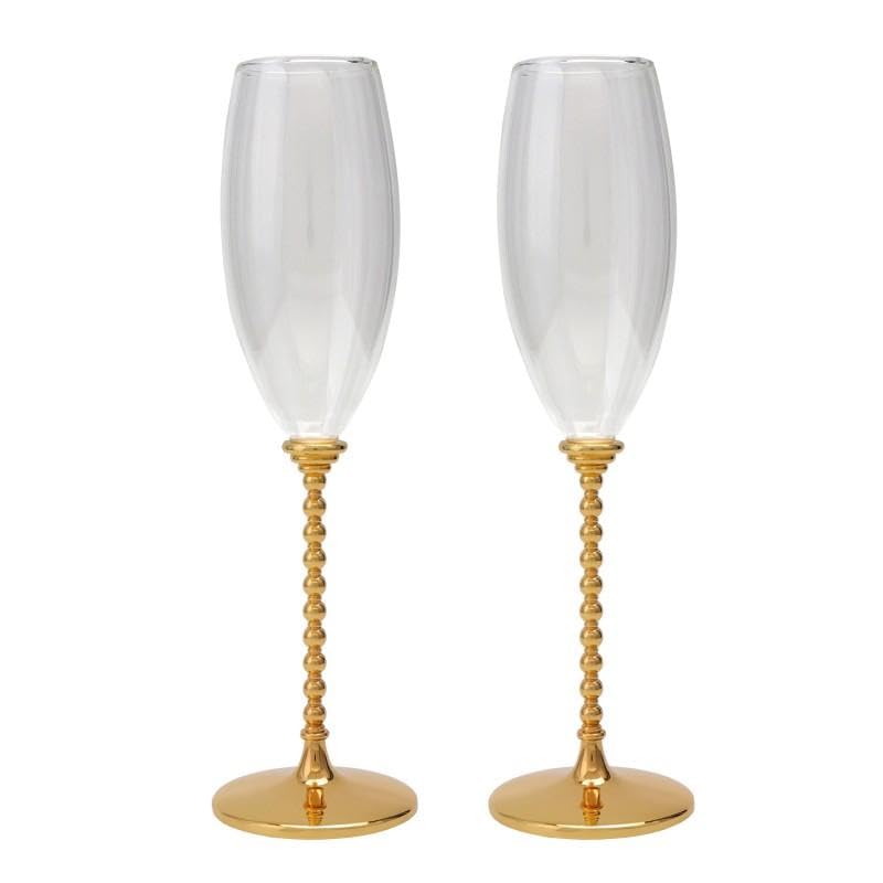 Set de 2 Copas de Cava de Cristal con pie de Metal en Dorado y Transparente 24.5x7x7 cm