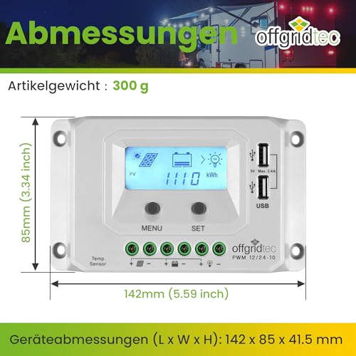 Offgridtec® PWM Pro Laderegler 12V/24V 10A USB