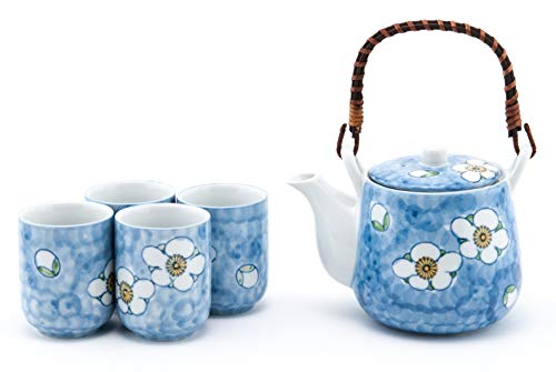 Fuji Merchandise Japanese Blue Umei Plum Blossoms Ceramic Tea Pot and 4 Cups Tea Set Asian Home Decor