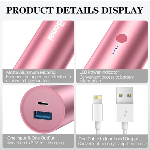 BONAI-Portable-Charge-Power-Bank-5000mAh-Cylindrical-Ultra-Compact-External-Backup-Battery-Compatible-with-iPhone-14-13-12-11-Samsung-Android-and-More-Rose-Gold-with-an-8-pin-Charging-Cable
